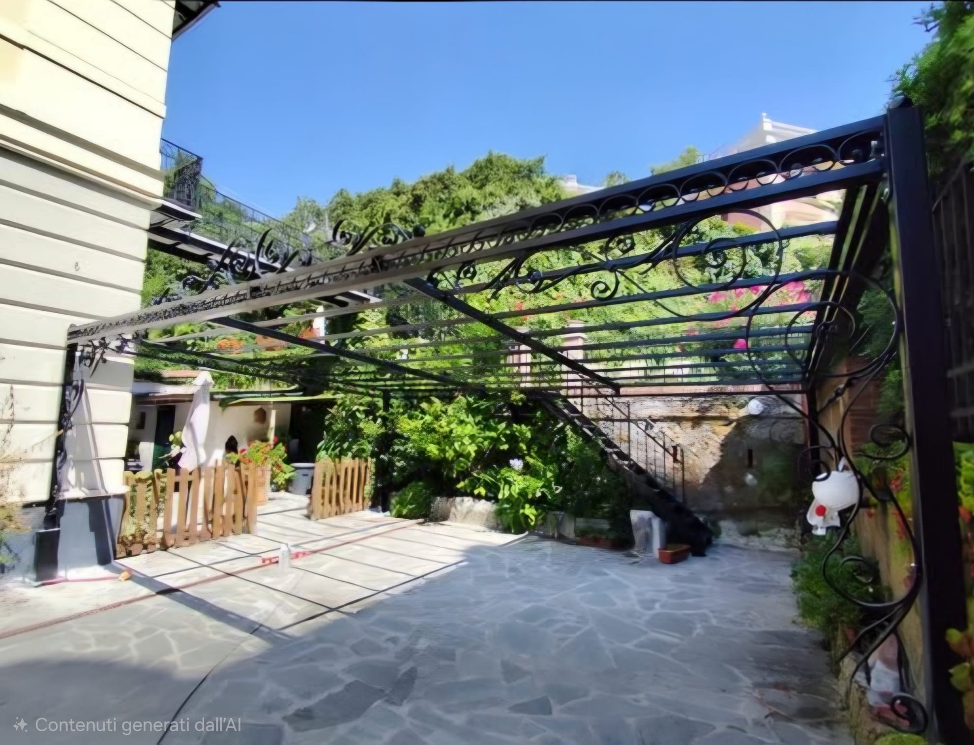 Pergola installata in giardino — struttura portante con decori a volute in ferro battuto, finitura Triplex nero opaco — Pergola in ferro battuto con volute ornamentali — Cerosillo